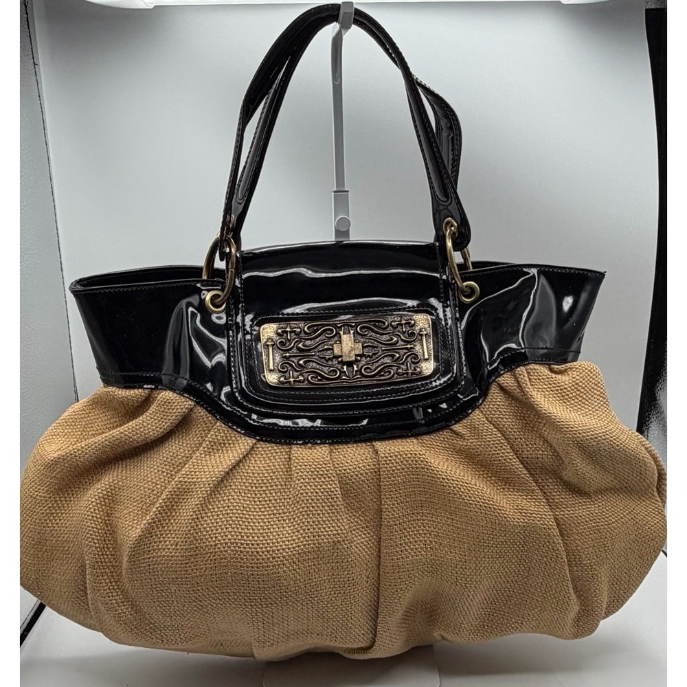 BCBGirls Large Tote Handbag Burlap Canvas Black Patent Trim Dust Bag